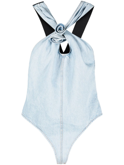 Coperni Floral-appliqué Denim Bodysuit In Blau