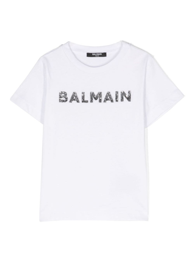 Balmain Kids' Sequin-embellished Logo T-shirt In Weiss