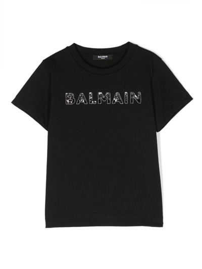 Balmain Kids' Sequin-embellished Logo T-shirt In Schwarz