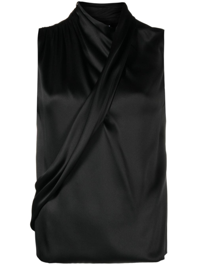 Giorgio Armani Sleeveless Draped Satin-silk Top In Black