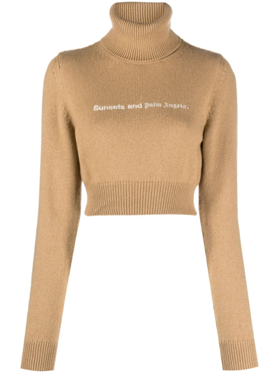 Palm Angels Sunsets Embroidered Cropped Jumper In Beige