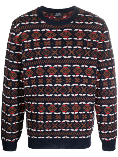 Apc John Multicolor Crewneck Sweater With Intarsia Knit In Wool Man In Blue