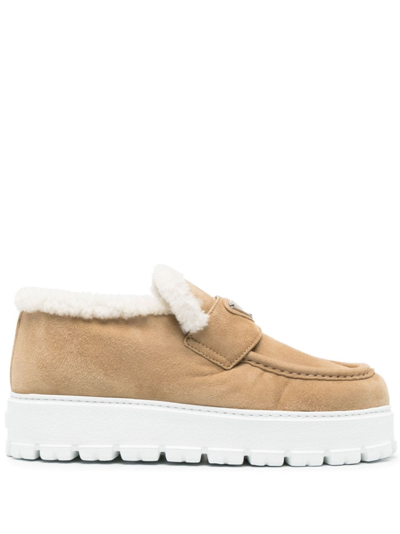 Prada Shearling Lined Suede Platform Loafers In Ecru