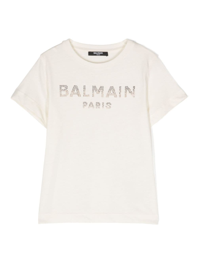 Balmain Kids' Rhinestone-embellished Logo T-shirt In Weiss