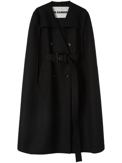 Jil Sander Belted Wool Trench Cape In Black