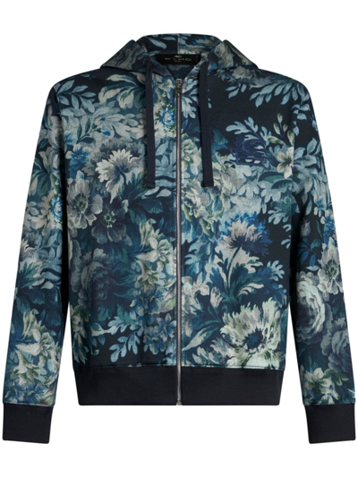 Etro Floral-print Jersey Hoodie In Navy Blue