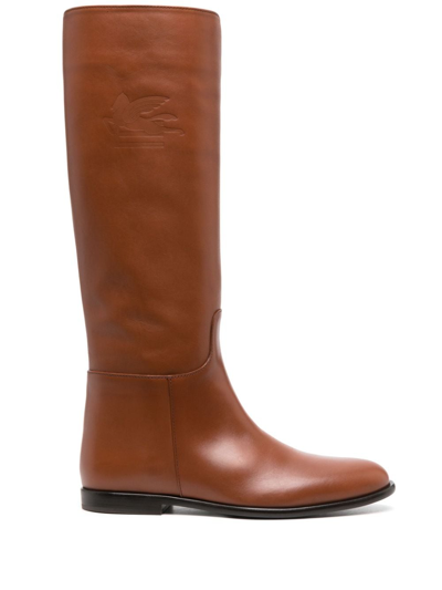 Etro Debossed-logo Leather Boots In Brown
