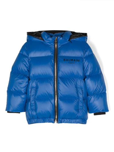 Balmain Kids' Logo-print Hooded Puffer Jacket In Blue
