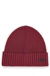 Hugo Boss Ribbed Beanie Hat In Responsible Virgin Wool In Red