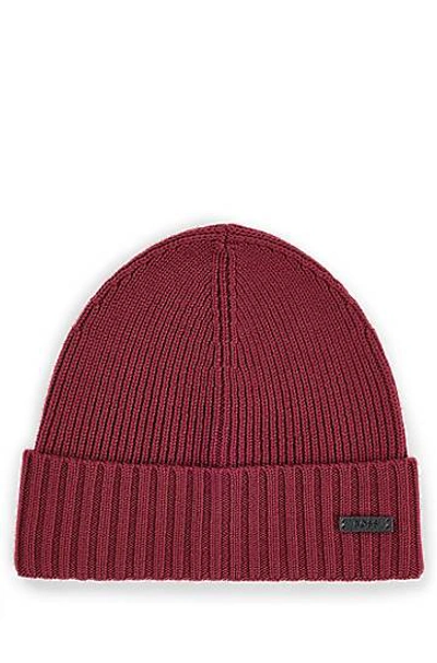 Hugo Boss Ribbed Beanie Hat In Responsible Virgin Wool In Red