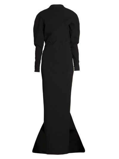 Alaïa Cuff Gathered V-back Curved-sleeve Train Gown In Noir Alaia