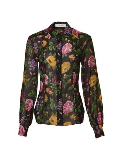 Carolina Herrera Sheer Floral Print Button-front Shirt In Black Multi
