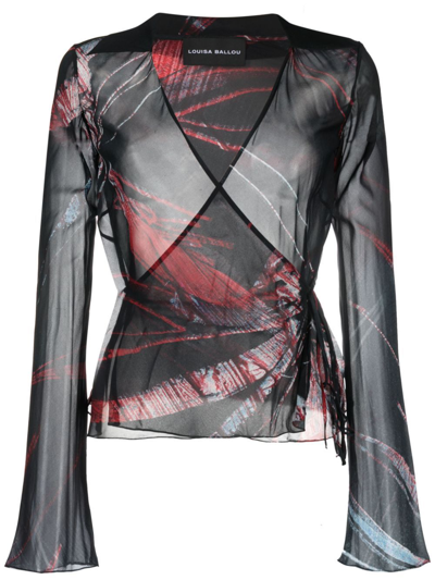 Louisa Ballou Abstract-pattern Stretch-silk Wrap Blouse In Black