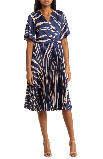 Maggy London Abstract Print Wrap Front Midi Dress In Royal Navy/ Bone