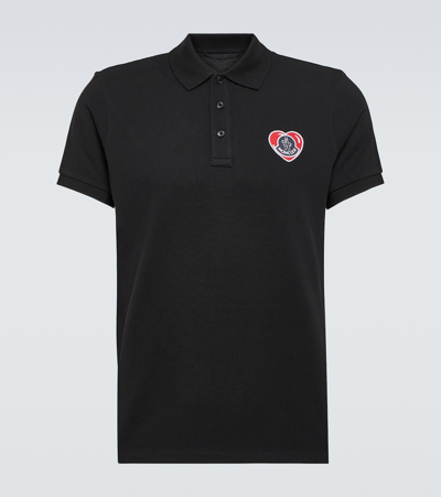 Moncler Logo Cotton Polo Shirt In Black