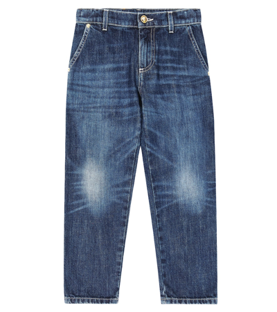 Versace Kids' Logo Straight Jeans In Blue