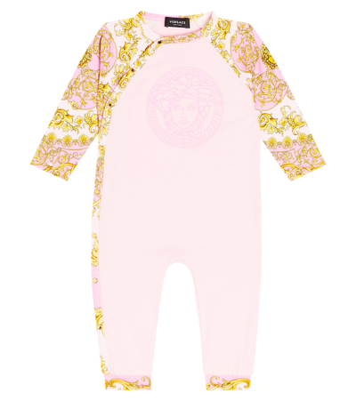 Versace Babies' Barocco棉质针织连身衣 In Pink