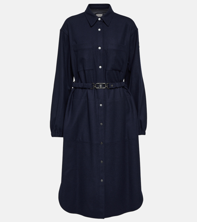 Moncler Belted-waist Wool-blend Dress In Blue