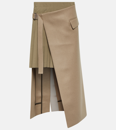 Sacai Pleated Wool Midi Skirt In Beige