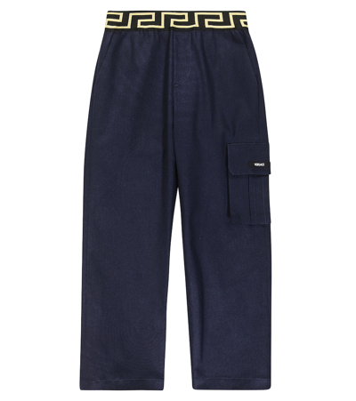 Versace Kids' Greca Cotton Straight Trousers In Blue