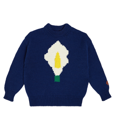 The Animals Observatory Kids' Bull Intarsia Wool Sweater In Navy
