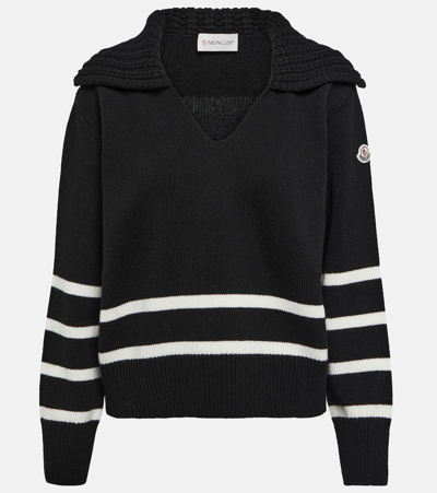 Moncler Appliquéd Striped Wool And Cashmere-blend Sweater In Black