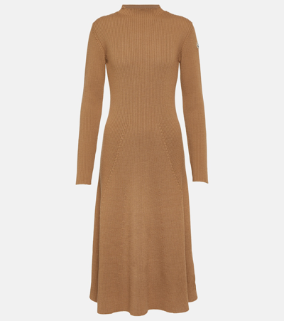 Moncler Ribbed Knit Wool Midi Dress In Camel