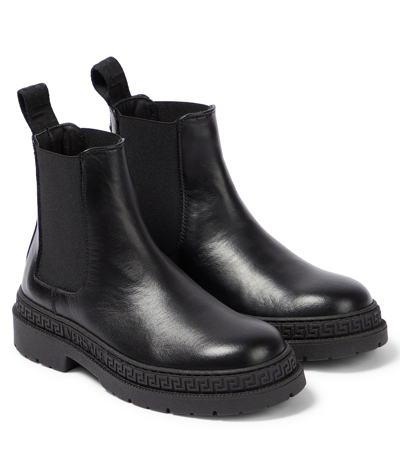 Versace Greca Leather Chelsea Boots In Black