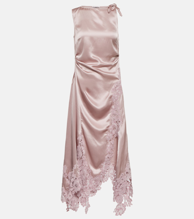 Acne Studios Asymmetric Corded Lace-trimmed Gathered Satin Midi Dress In Pink
