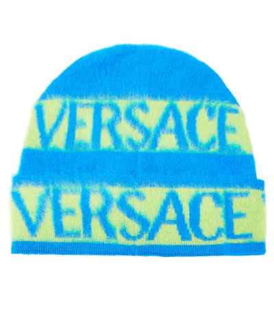 Versace Kids' Logo Wool Beanie In Blue