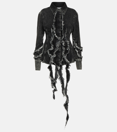 Blumarine Ruffle-trimmed Denim Shirt In Black