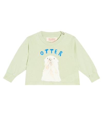 The Animals Observatory Baby Otter Printed Cotton T-shirt In Green