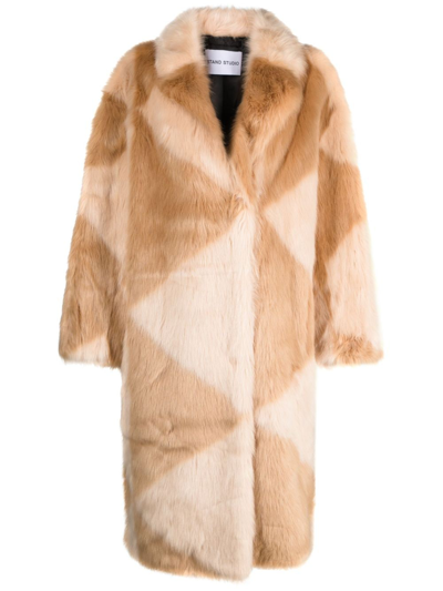Stand Studio Geometric-pattern Faux-fur Coat In Brown