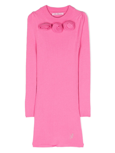 Miss Blumarine Kids' Floral-detail Ribbed Knit Dress In Pink