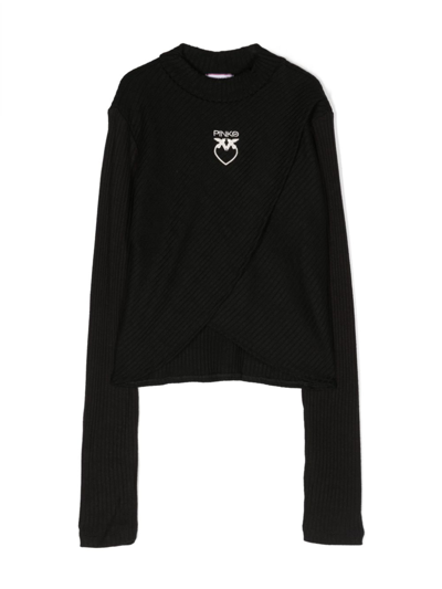 Pinko Kids' Logo-embroidered Ribbed Jumper In Black