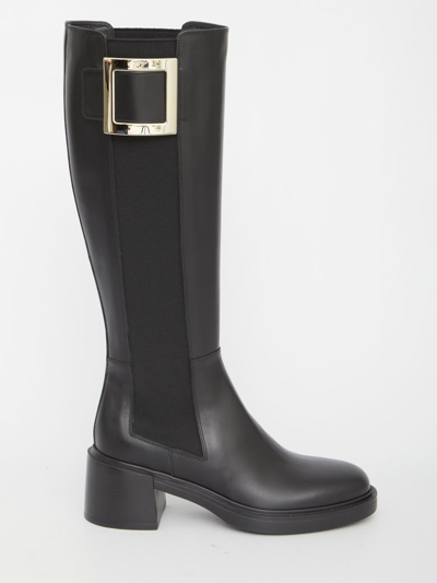 Roger Vivier 60mm Viv Ranger Leather Tall Boots In Black