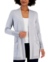 Jm Collection Petite Open-front Buttoned-cuff Cardigan, Created For Macy's In Sky Grey Heather