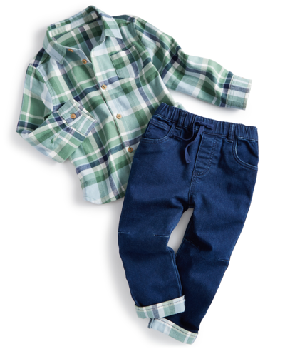 First Impressions Baby Boys Plaid Shirt And Jeans, 2 Piece Set, Created For Macy's In True Blue Wash