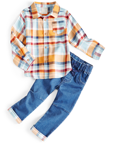 First Impressions Baby Boys Plaid Shirt And Jeans, 2 Piece Set, Created For Macy's In Authentic Wash