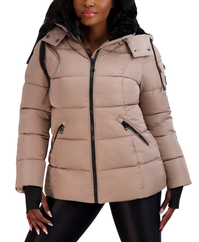 Steve Madden Juniors' Faux-fur-lined Hooded Puffer Coat, Created For Macy's In Tan