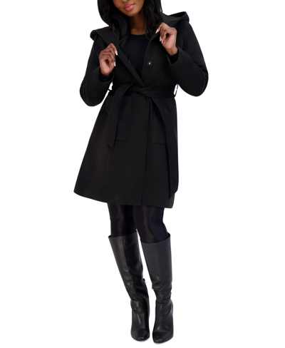 Steve Madden Juniors' Hooded Belted Wrap Coat In Black
