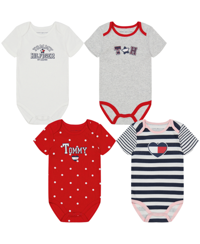 Tommy Hilfiger Baby Girls Pattern Logo Short Sleeve Bodysuits, Pack Of 4 In Red