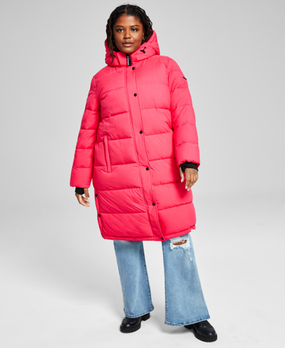 Bcbgeneration Women's Plus Size Hooded Puffer Coat, Created For Macy's In Fuchsia