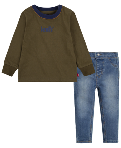 Levi's Baby Boys Poster Logo Long Sleeves T-shirt And Denim Jeans, 2 Piece Set In Dark Olive