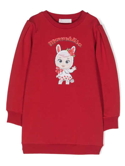 Monnalisa Kids' Graphic-print Cotton Sweater Dress In Red