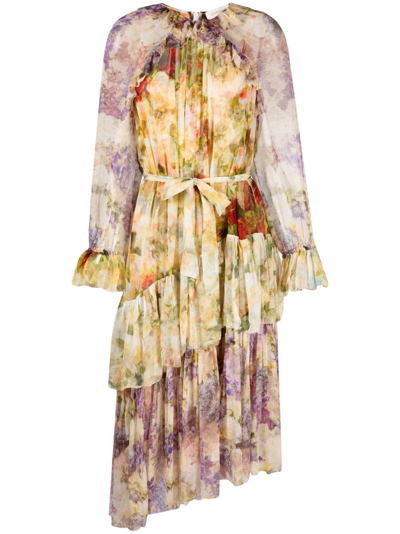 Zimmermann Floral-print Tiered Midi Dress In Brown