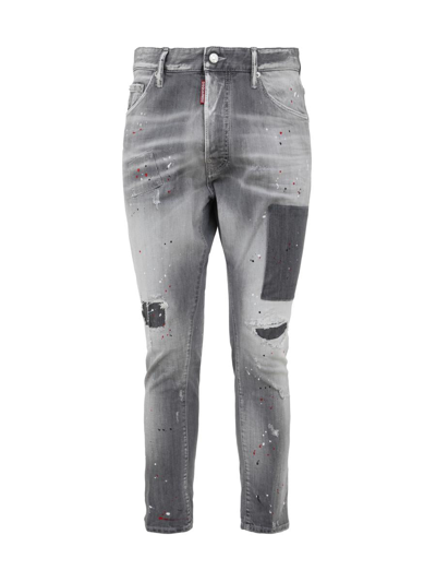 Dsquared2 Surf & Fun Distressed Relax Long Crotch Denims With Paint Sp In Grey