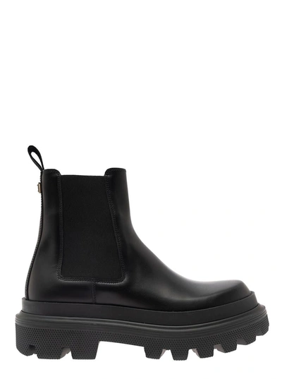 DOLCE & GABBANA BLACK CHELSEA ANKLE BOOTS WITH CHUNKY PLATFORM WITH LOGO PLAQUE IN LEATHER BLEND MAN