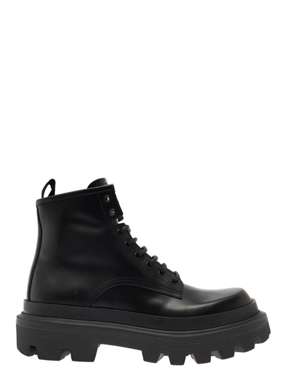 Dolce & Gabbana Black Ankle Boots With Chunky Platform And Logo Plaque In Leather Blend Man