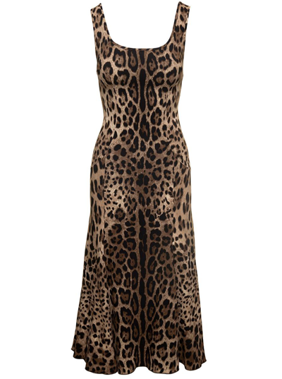 DOLCE & GABBANA MINI BROWN DRESS WITH ALL-OVER LEO PRINT IN STRETCH VISCOSE WOMAN